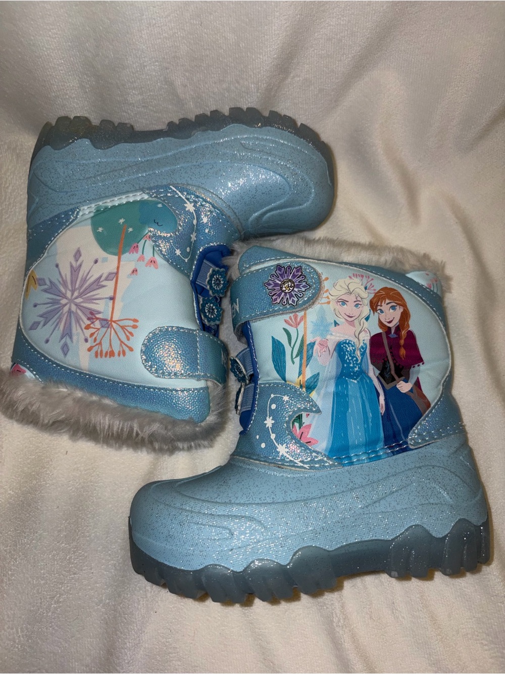 Disney Frozen Elsa Anna Girls Blue Faux Fur Lined Snow Boots Hook & Loop US 9